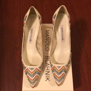 Manolo Blahnik white leather and fabric heel/pump